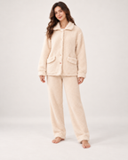 Women's Fleece Pyjama Set – Button-Front Loungewear, straight front view showing the complete top and trousers