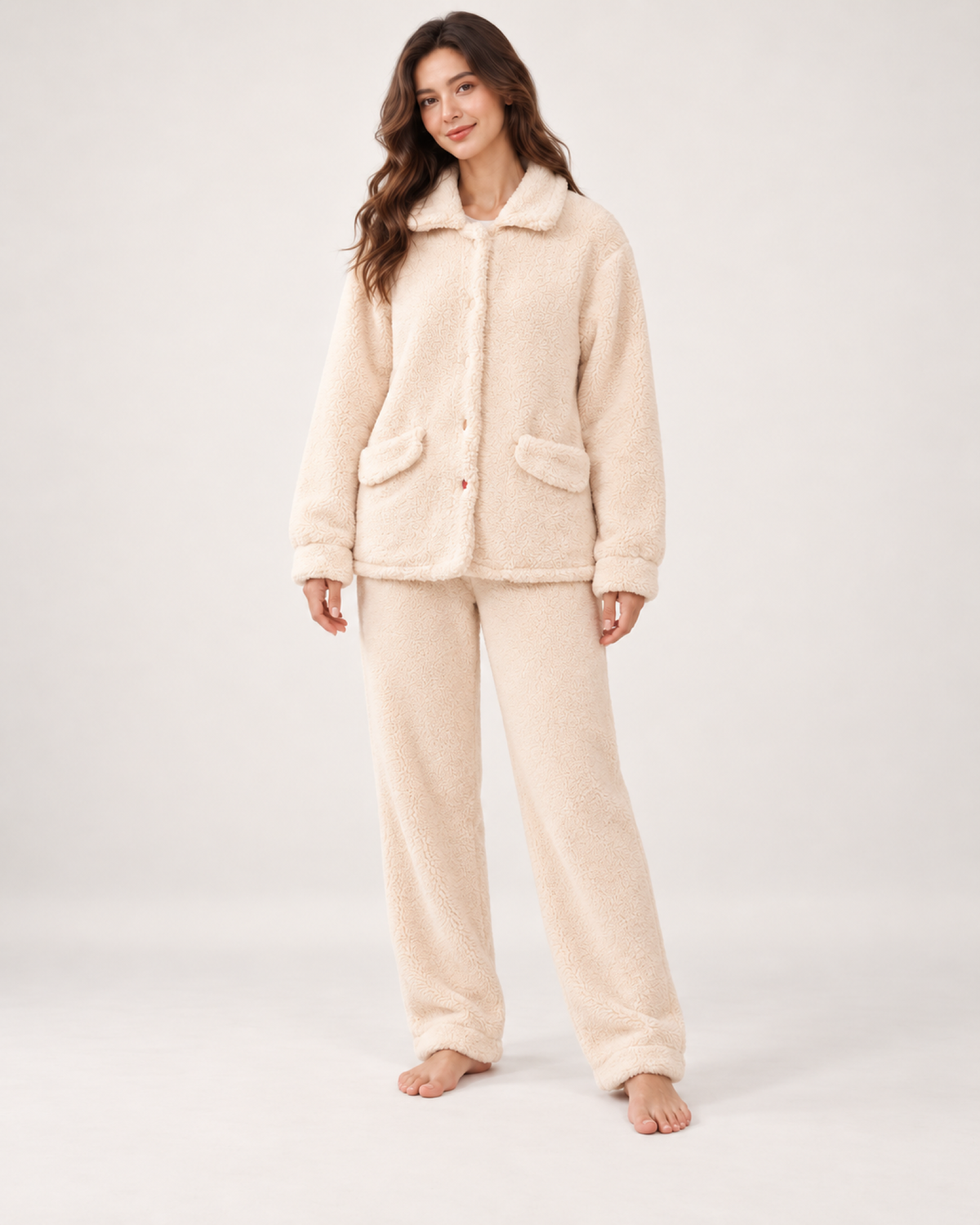 Women's Fleece Pyjama Set – Button-Front Loungewear, straight front view showing the complete top and trousers
