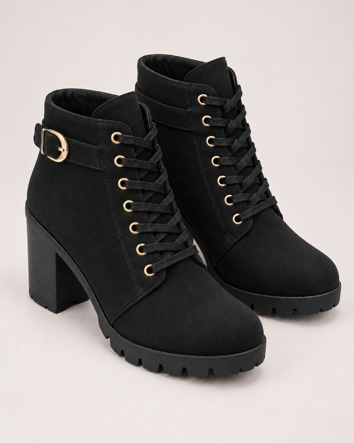 Women's Ankle Boots - Buckled Lace-Up Block Heel, outer side profile