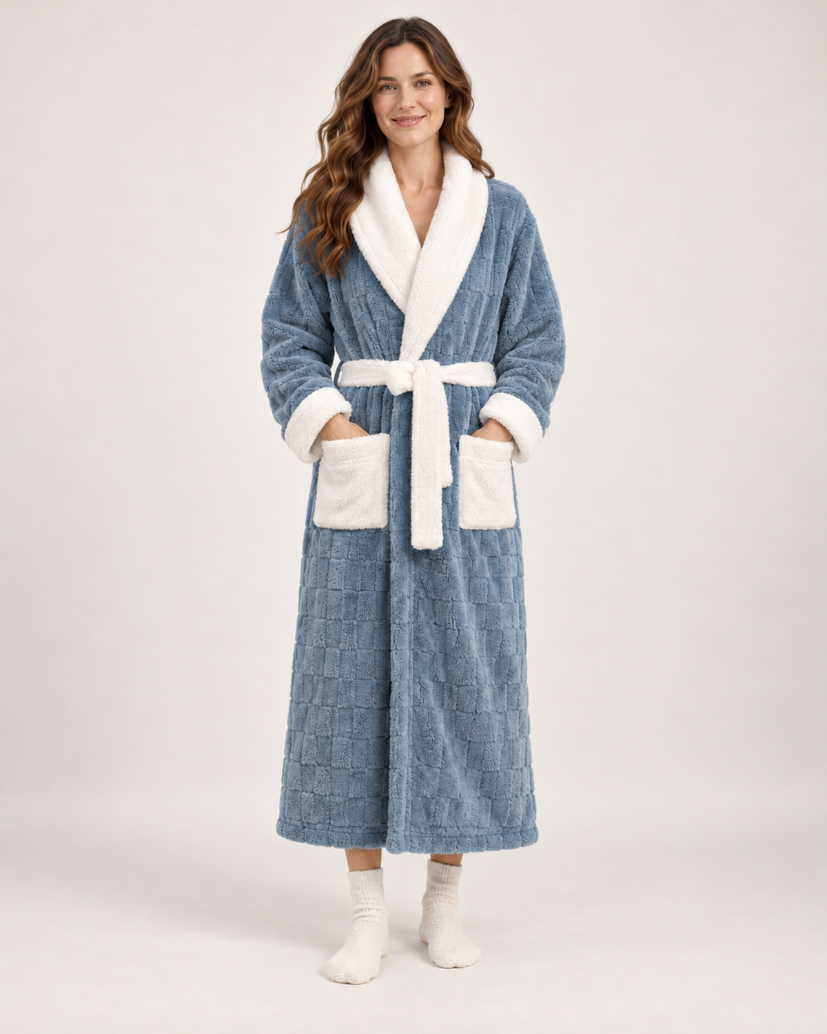 Women's Dressing Gown - Textured Contrast-Trim Style, straight front catalogue view
