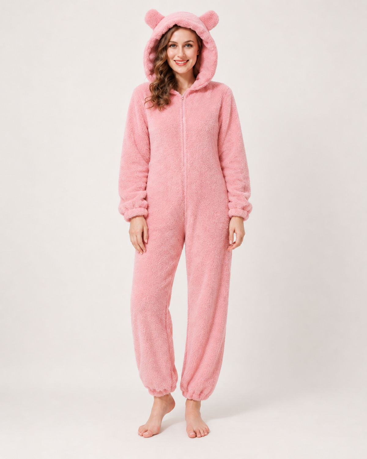 Women's pink bear-ear fleece onesie, straight front studio view
