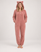 Women's pink cat-ear fleece onesie, straight front studio view