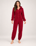Women's Fleece Onesie - Hooded Cable-Texture Style, straight front view