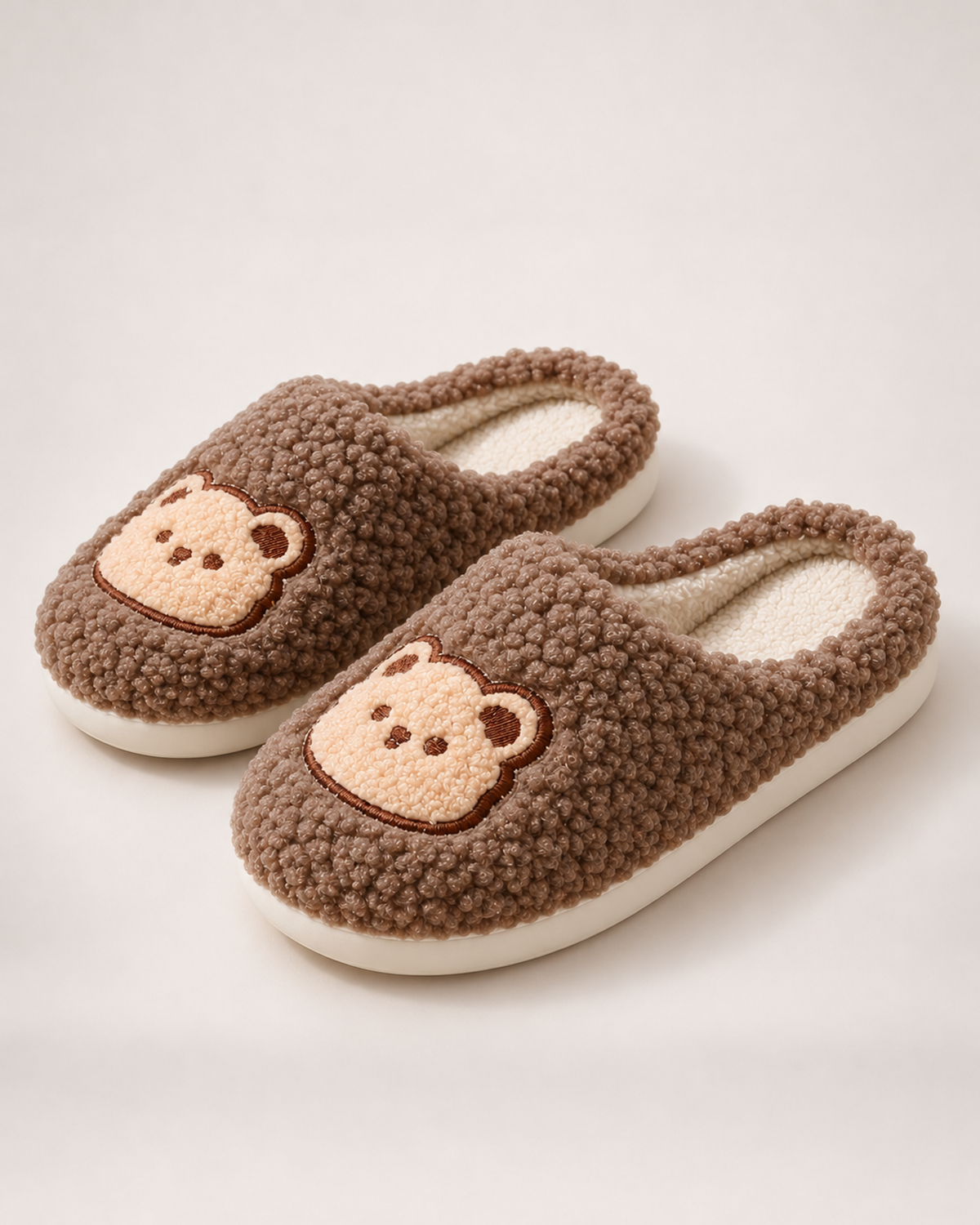 Fluffy Bear Slippers - Embroidered Face Style, true side profile