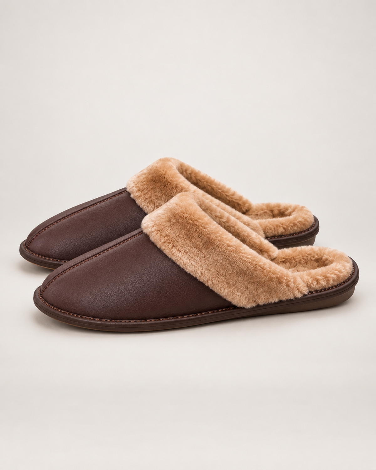 Men's dark brown stitched warm-lined slippers, outer side studio view