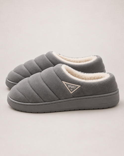 Men's grey quilted plush slippers, outer side studio view