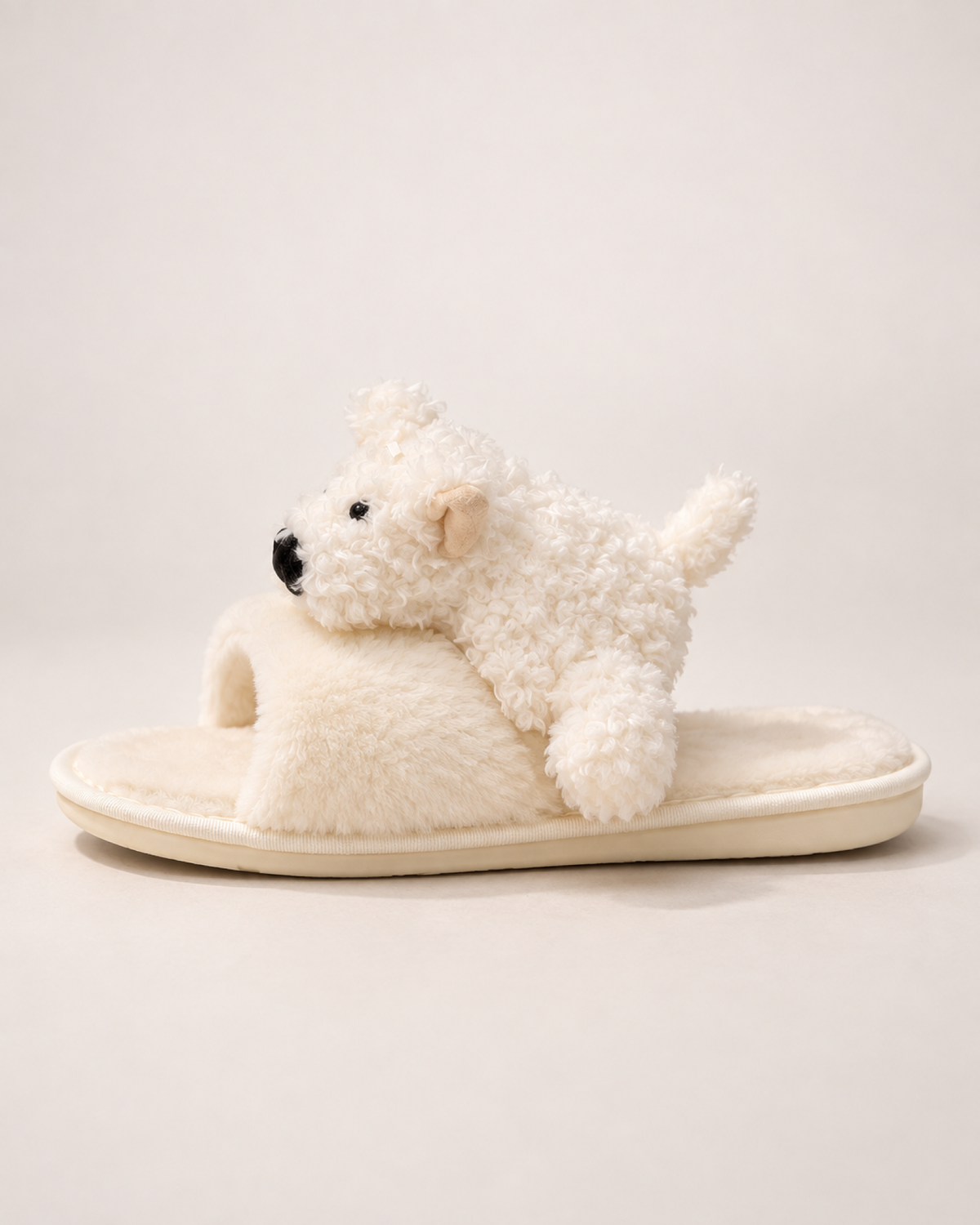 Beige puppy slipper shown in side profile