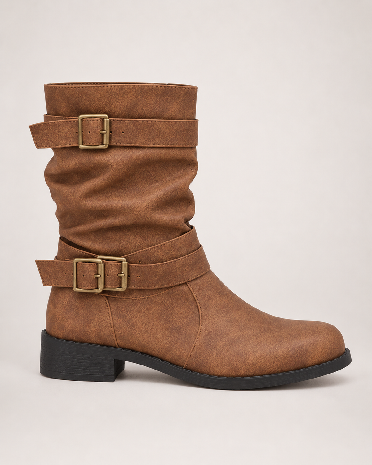 Women's Biker Boots – Double Buckle Detail in Brown, side profile