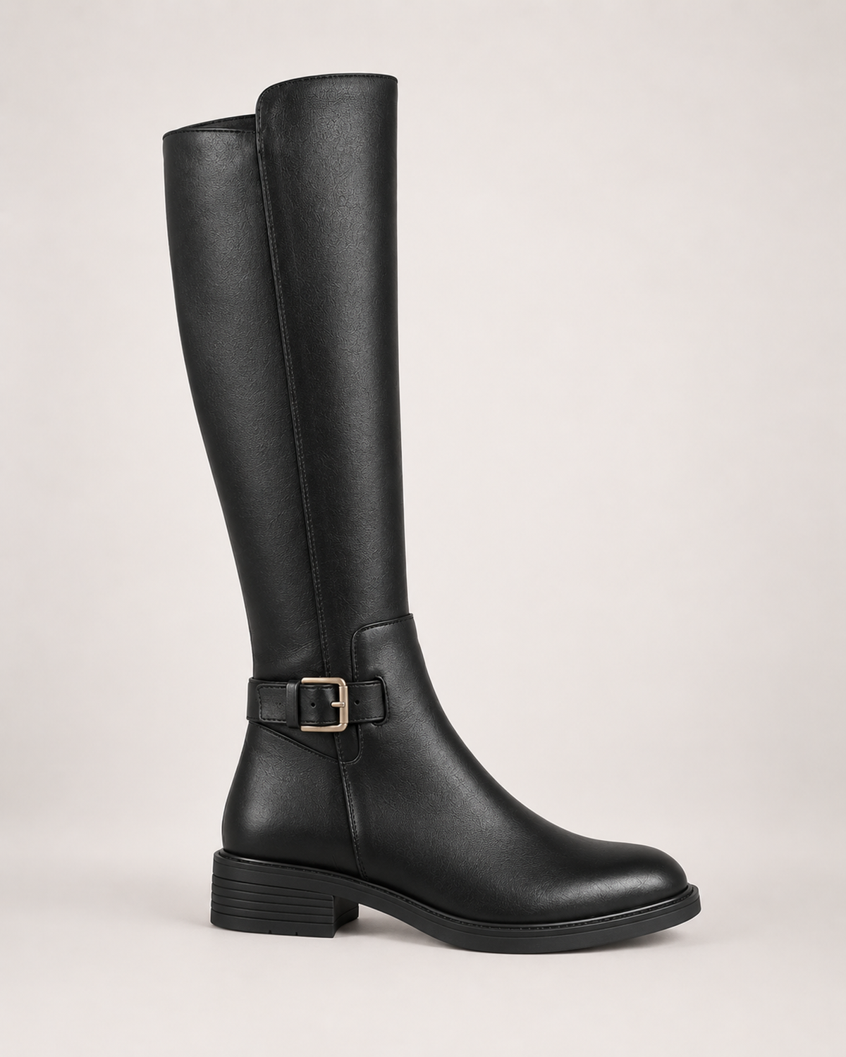 Women's Black Knee High Boots – Buckle Detail in UK 2, side profile