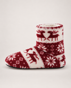 Women's Christmas Slipper Boots – Reindeer Print, single boot side profile showing the cuff, ankle height and sole