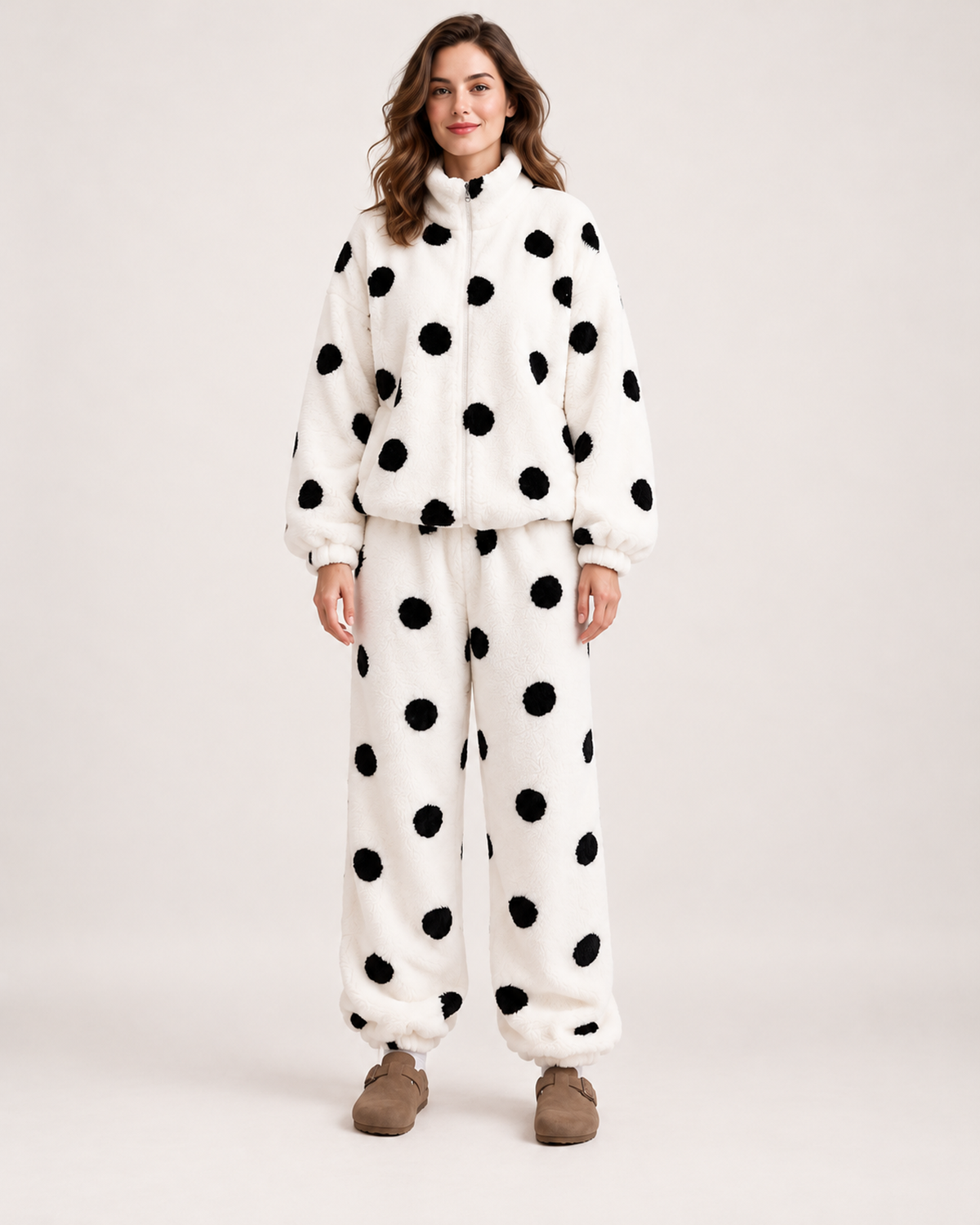 Women's white polka-dot fleece pyjama set, straight front studio view