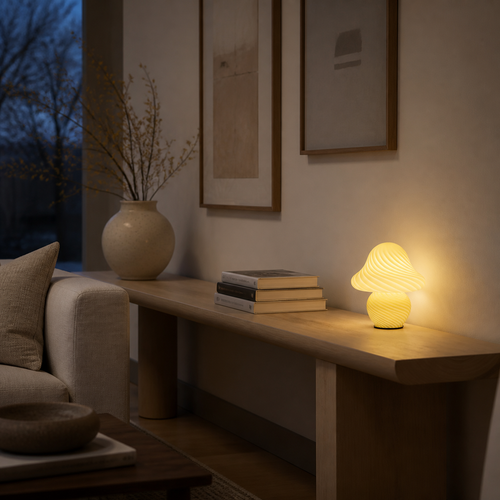 Small yellow mushroom lamp glowing on a wide living-room console