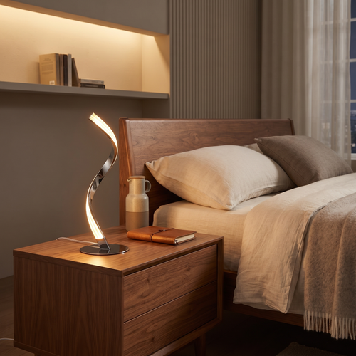 Warm chrome spiral lamp in a wide modern bedroom setting