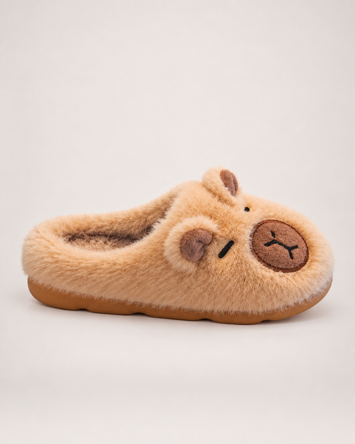 Kids' Capybara Slippers in Light Coffee, side profile view