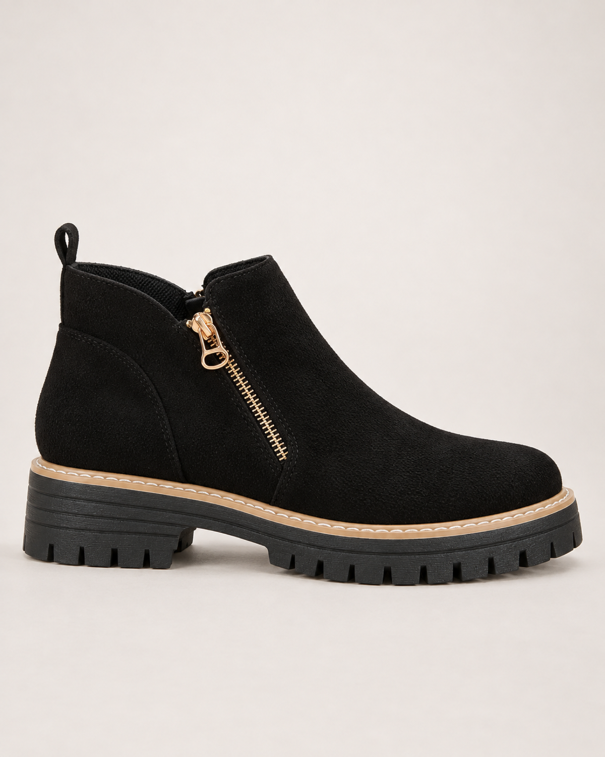 Women's Ankle Boots: Suede-Effect Side-Zip Style in Black, single side profile