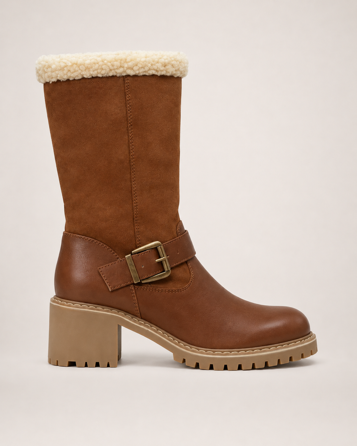 Women's Buckle Boots: Plush-Lined Block Heel Style in Light Brown, single side profile