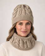 Women's Cable Knit Hat & Scarf Set in Beige, straight worn view