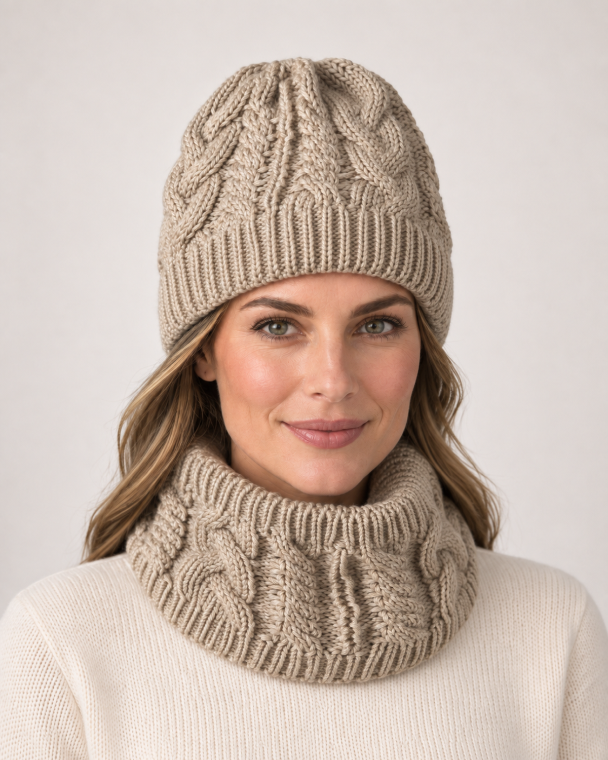 Women's Cable Knit Hat & Scarf Set in Beige, straight worn view