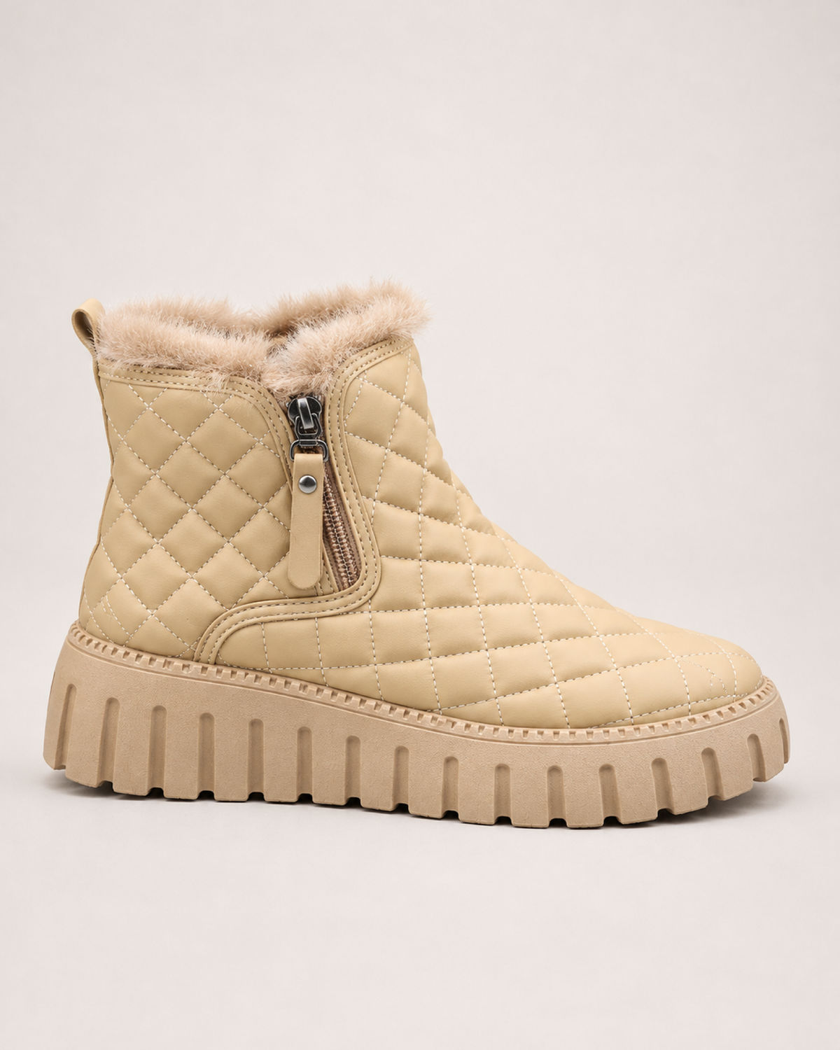 Women's Snow Boots: Quilted Platform Style in Khaki, single side profile