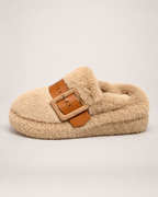 Women's Buckle Platform Slippers in Khaki, side profile view