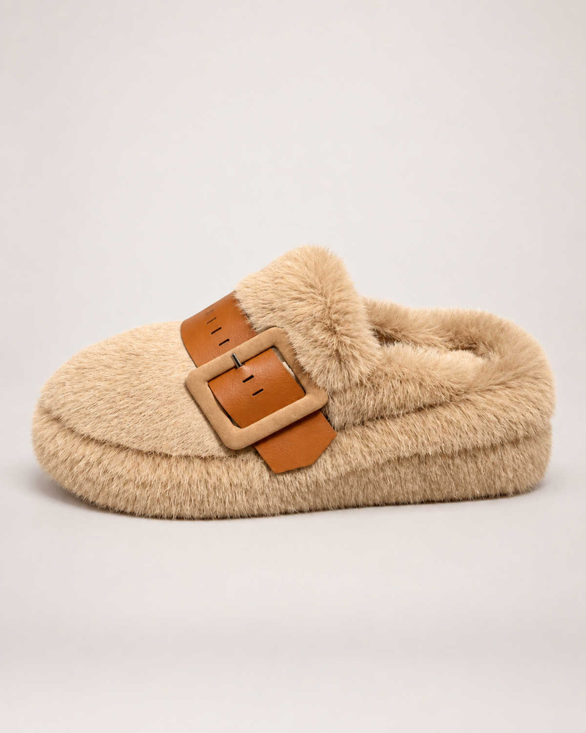 Women's Buckle Platform Slippers in Khaki, side profile view