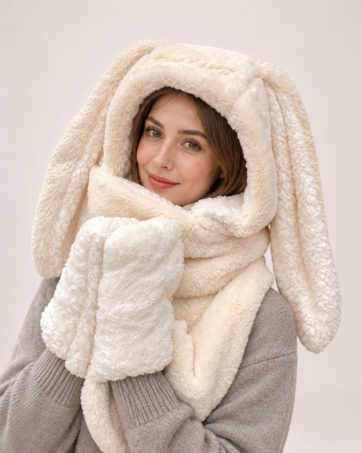 Plush Animal Ear Hooded Scarf in Beige / Bunny Ears, straight worn view
