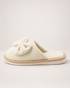 Women's Corduroy Bow Slippers in Beige, side profile view
