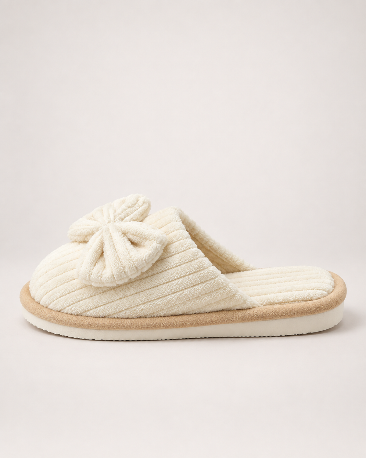 Women's Corduroy Bow Slippers in Beige, side profile view