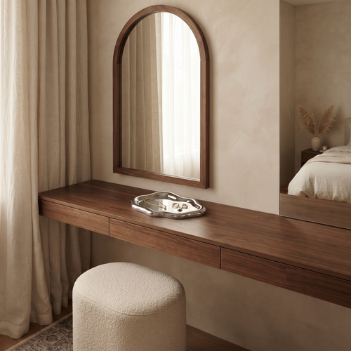 Mira Cloud Jewellery Tray in Silver Mirror — Atmospheric dressing-room image showing the tray as part of a premium home.