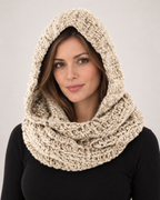 Women's Chunky Knit Hooded Scarf in Beige, straight worn view