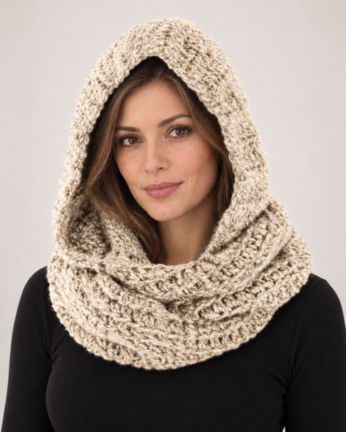 Women's Chunky Knit Hooded Scarf in Beige, straight worn view