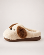 Plush Dog Face Slippers in Beige, side profile view