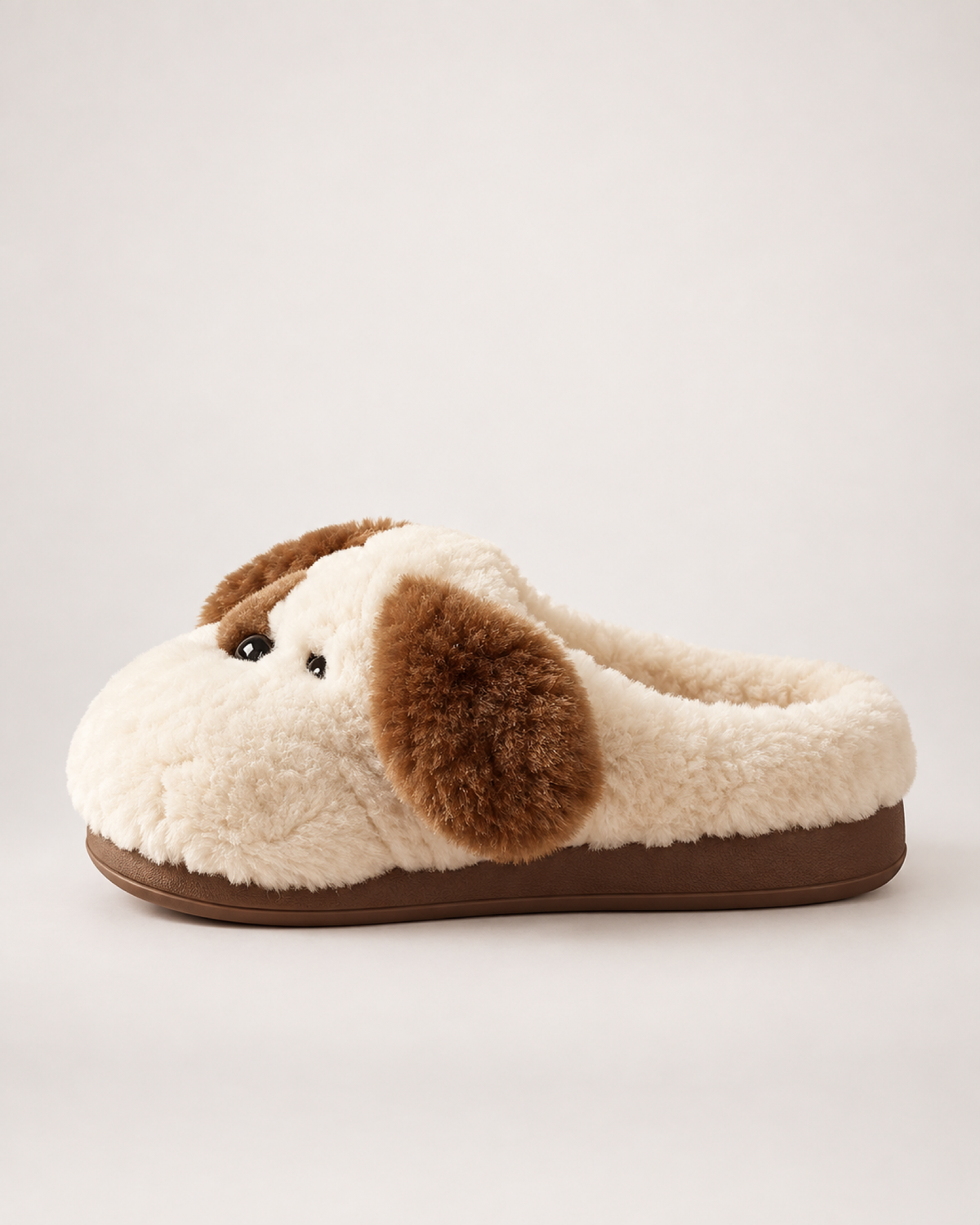 Plush Dog Face Slippers in Beige, side profile view