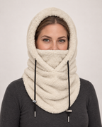 Plush Drawstring Balaclava Hood in Cream, straight worn view