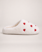 Heart Print Fluffy Slippers in White, side profile view