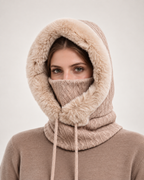 Women's Faux Fur Trim Hooded Scarf in Beige, straight worn view