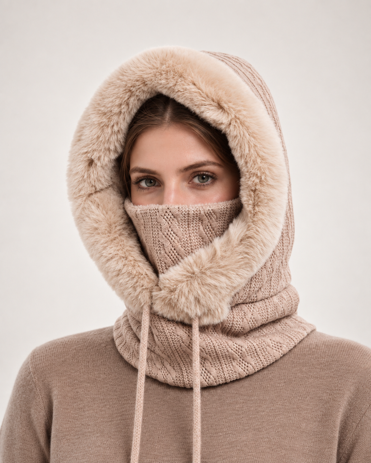 Women's Faux Fur Trim Hooded Scarf in Beige, straight worn view