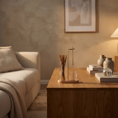 Aurelia Figure-Eight Incense Burner in Natural Glow — Atmospheric wide room view that makes the product feel desirable in a real home.