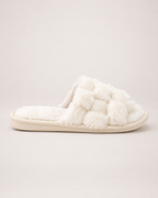 Fluffy Open Toe Slippers in White, side profile view
