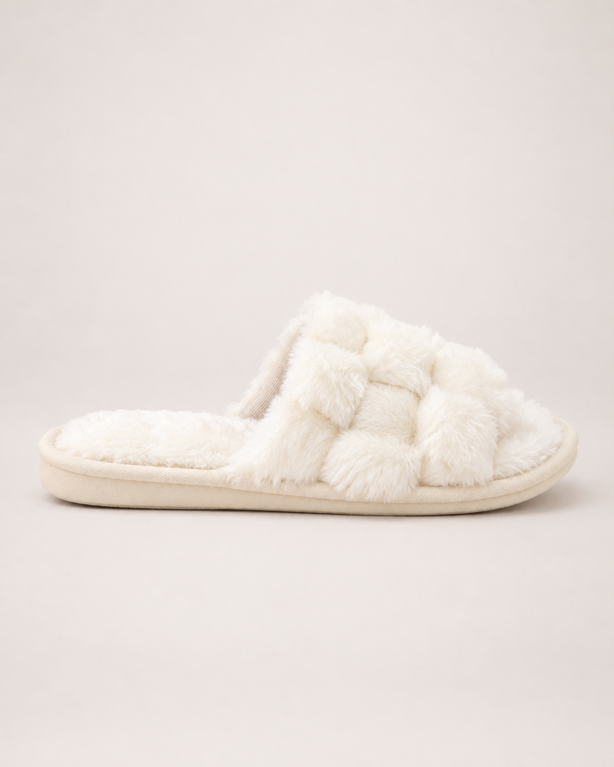 Fluffy Open Toe Slippers in White, side profile view