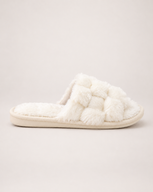 Fluffy Open Toe Slippers in White, side profile view