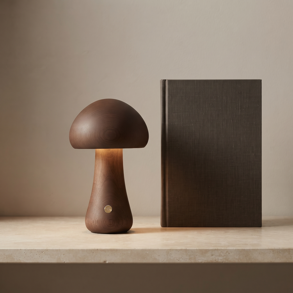 Walnut Willow wooden mushroom table lamp beside an A5 book for scale