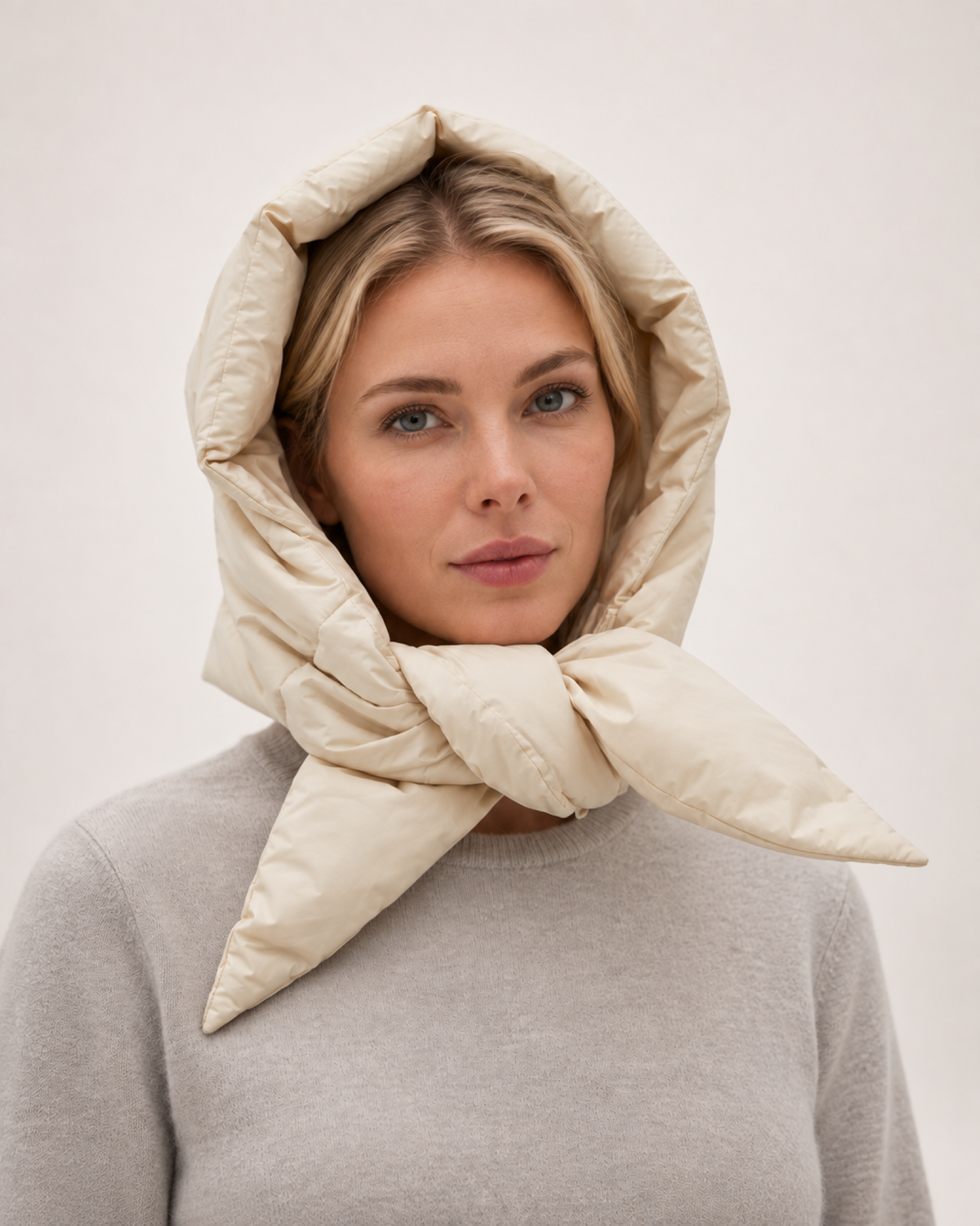 Women's Quilted Puffer Headscarf in Cream, straight worn view