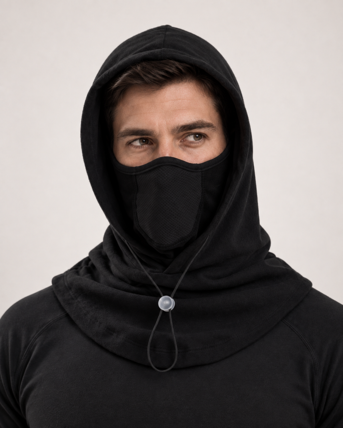 Thermal Fleece Balaclava Hood in Black, straight worn view