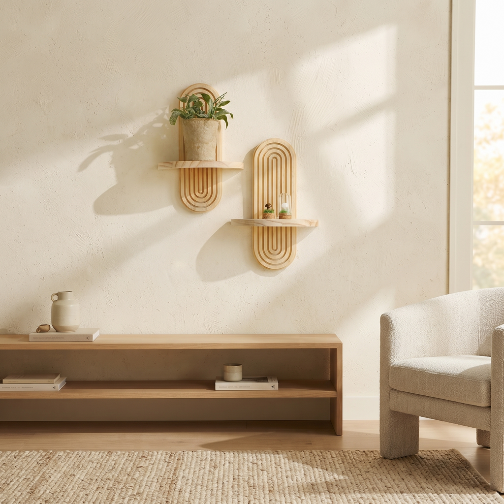 Solenne Arched Wall Planter in Halo Pair — Wide atmospheric room shot showing the set as a genuine wall addition.