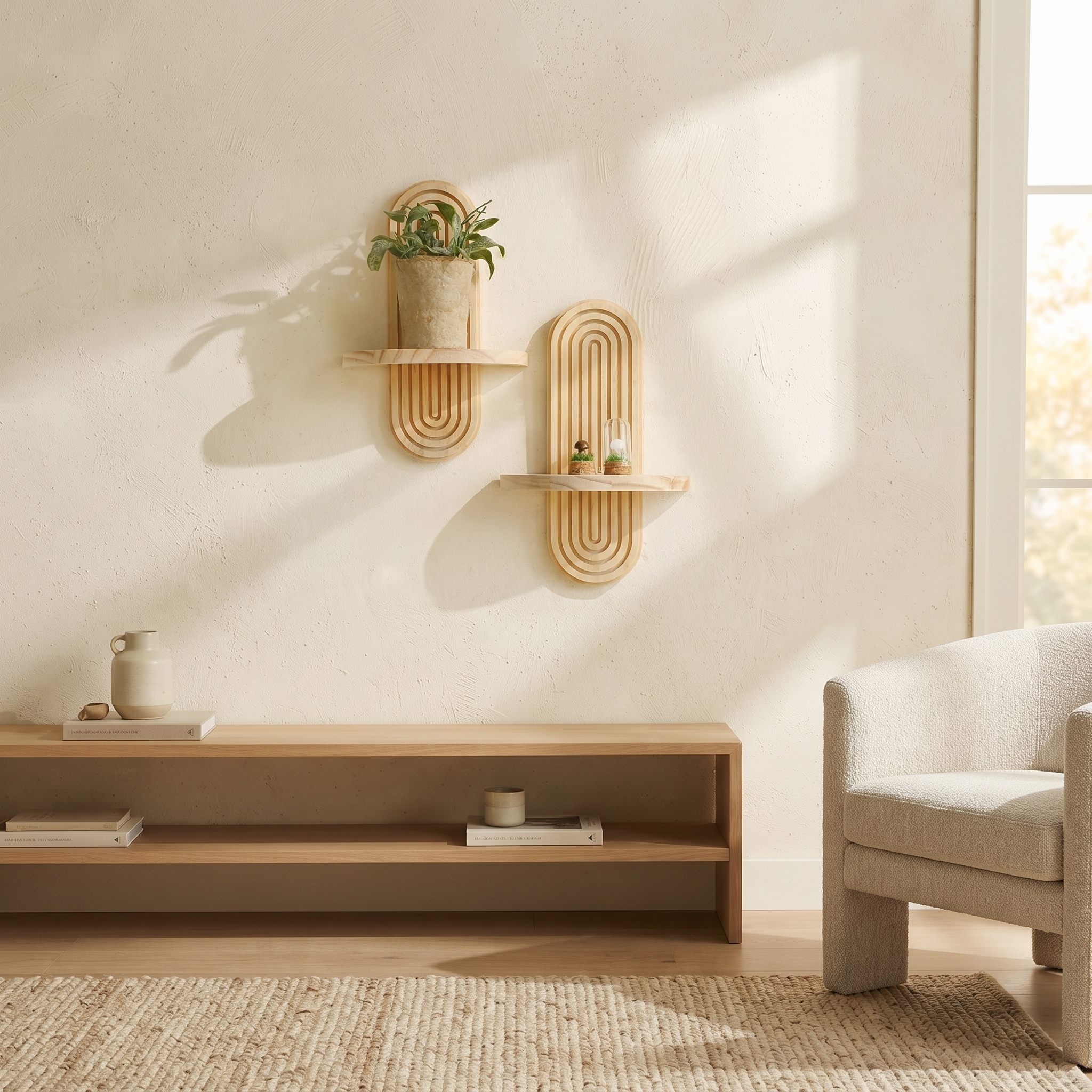 Solenne Arched Wall Planter in Halo Pair — Wide atmospheric room shot showing the set as a genuine wall addition.