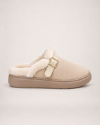 Faux Fur Buckle Mule Slippers in Beige, side profile view