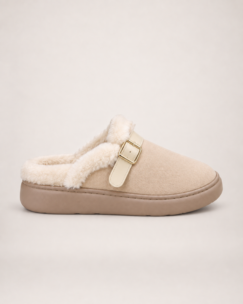 Faux Fur Buckle Mule Slippers in Beige, side profile view
