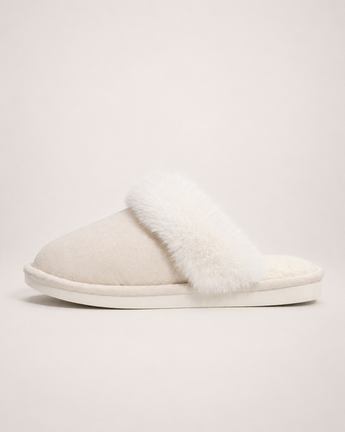 Fluffy House Slippers in Beige, side profile view