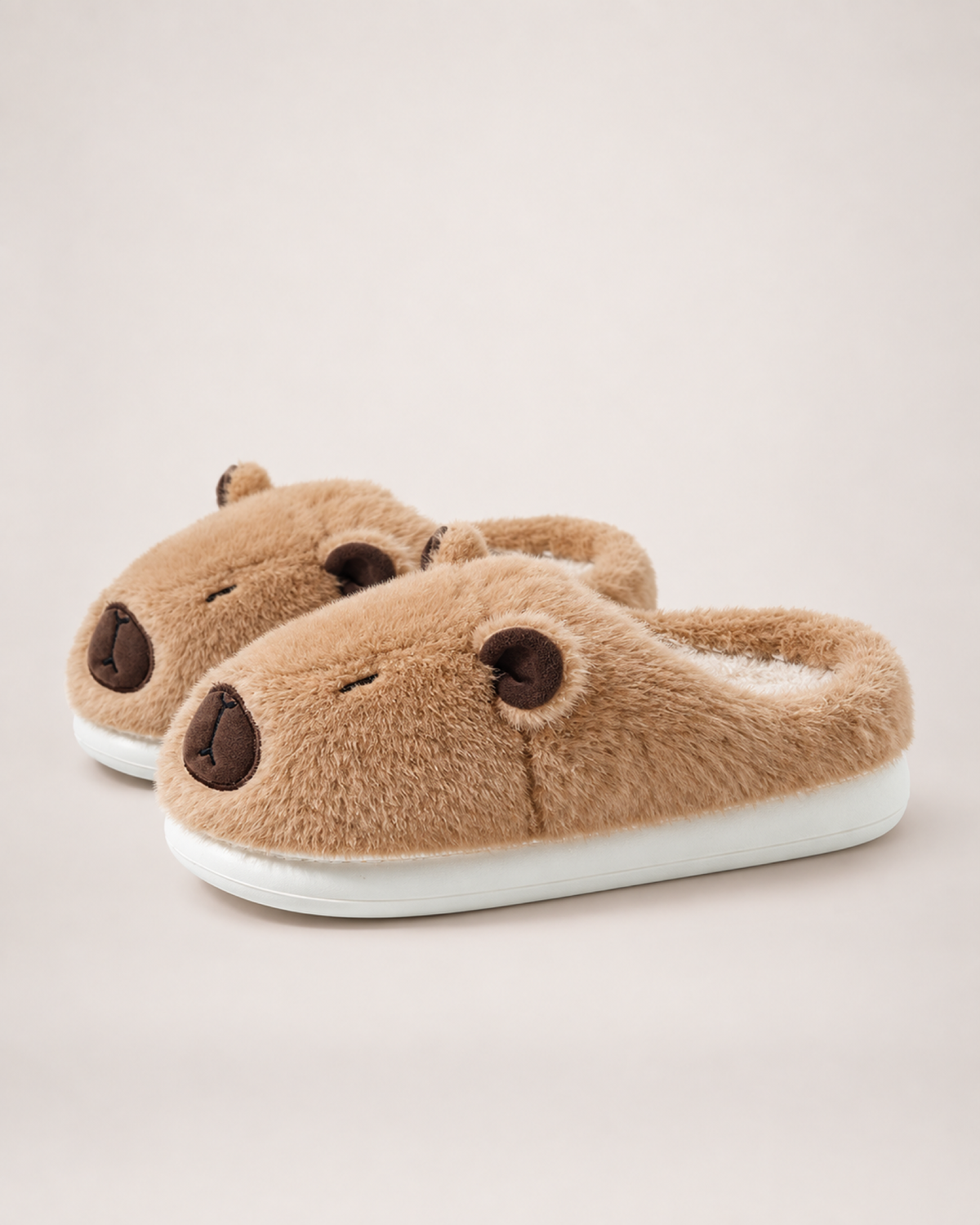 Plush Capybara Slippers in Brown, side profile view